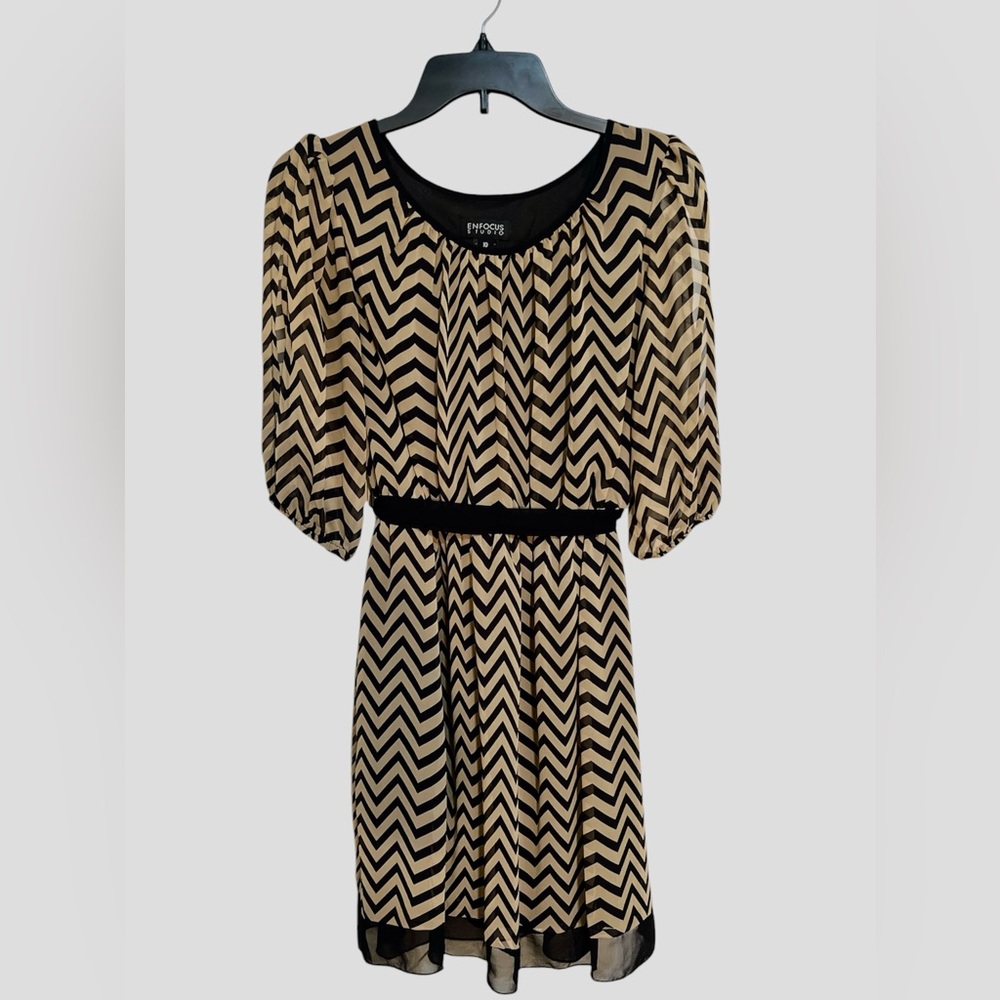 Enfocus‎ Studio Tan and Black Sheath Dress with Puff Sleeves